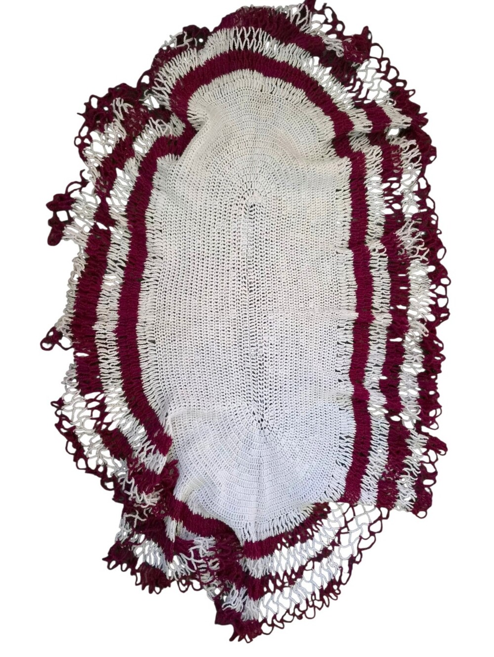 Vintage 60s Set of 3 Red and White Crocheted Table Runner and Doilies